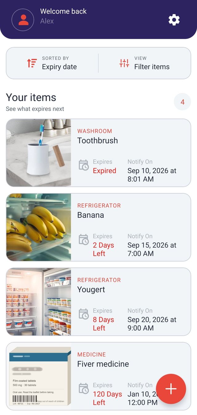 The ExpiryNotifier item list, showing saved items ordered by how soon they expire.