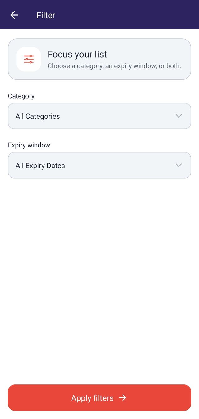 The ExpiryNotifier filter screen, with category and expiry window options.