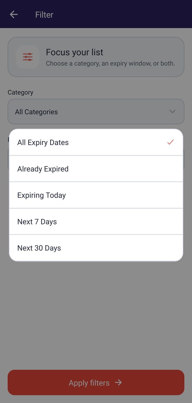 The expiry window menu open in ExpiryNotifier, listing All, Expired, Today, Next 7 Days, and Next 30 Days.
