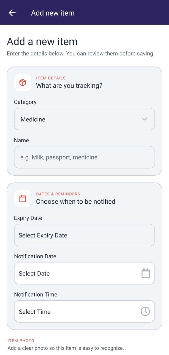 The empty ExpiryNotifier add item form, showing the category, name, expiry date, reminder date and time, and photo fields.