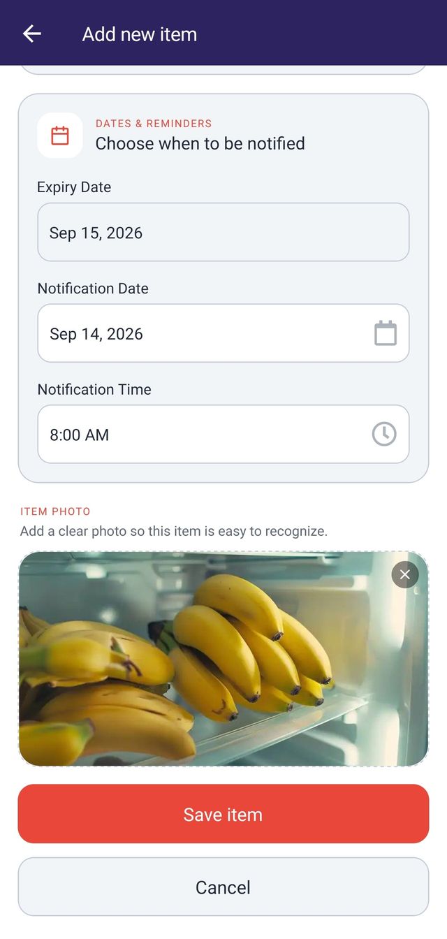 The ExpiryNotifier add item form showing the attached photo above the Save item and Cancel actions.