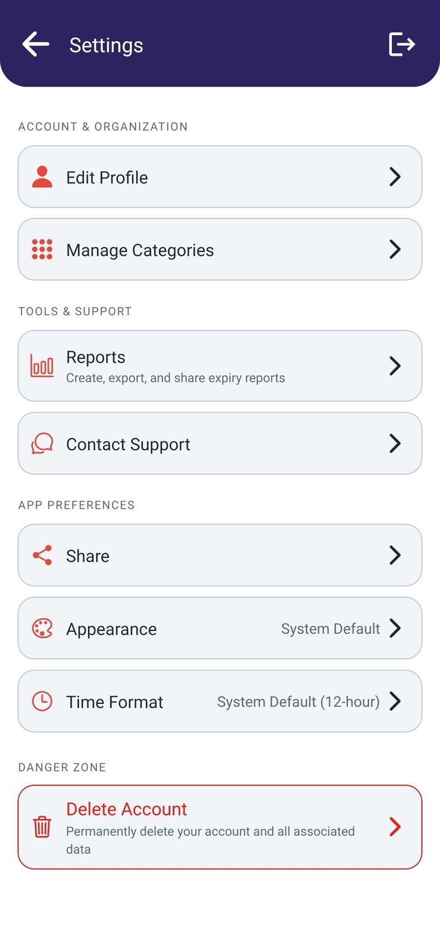 The ExpiryNotifier settings screen, listing profile, categories, reports, support, appearance, and account options.