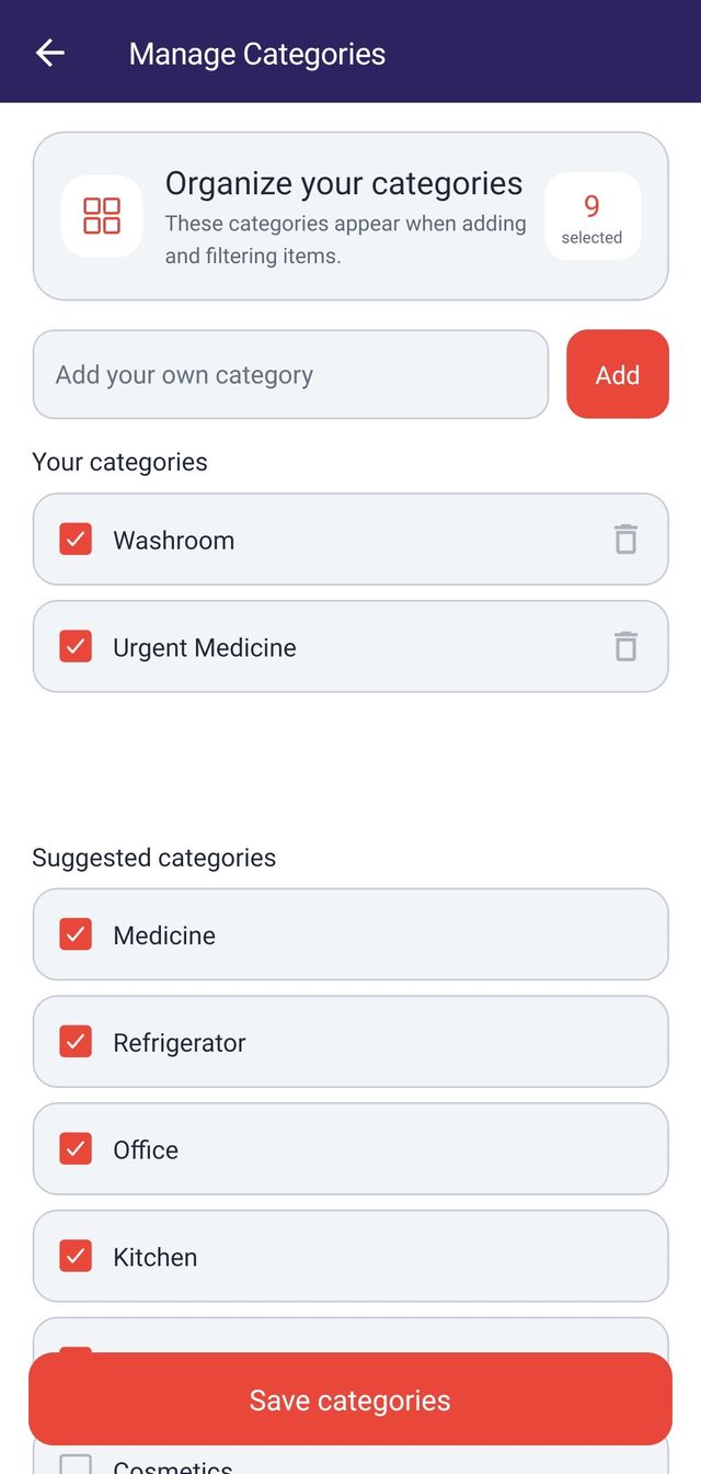 The ExpiryNotifier manage categories screen, with preset categories selected and a control for adding a custom category.