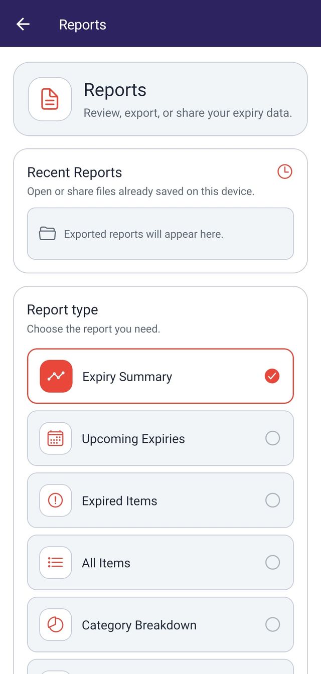 The ExpiryNotifier reports screen, showing the six available report types.