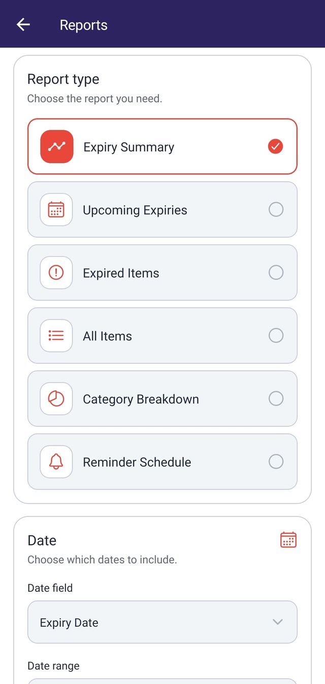 Date filtering options on the ExpiryNotifier reports screen, including presets and a custom range.